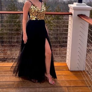 green emerald velvet dress Gold-Trimmed Long Black Prom Dress: Ladivine CM358 Black Gold / 2